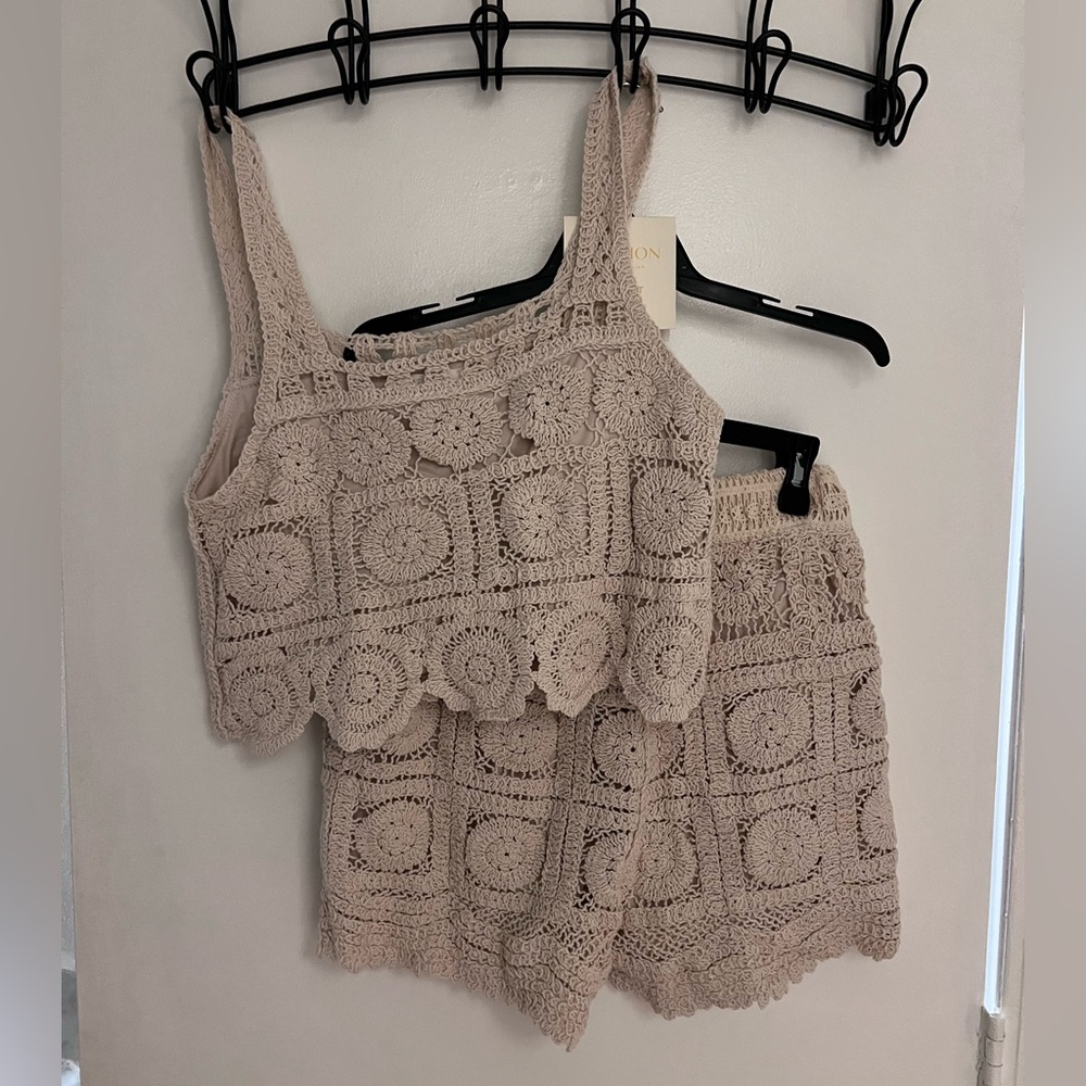 Crochet Tank and Shorts Set in Cream